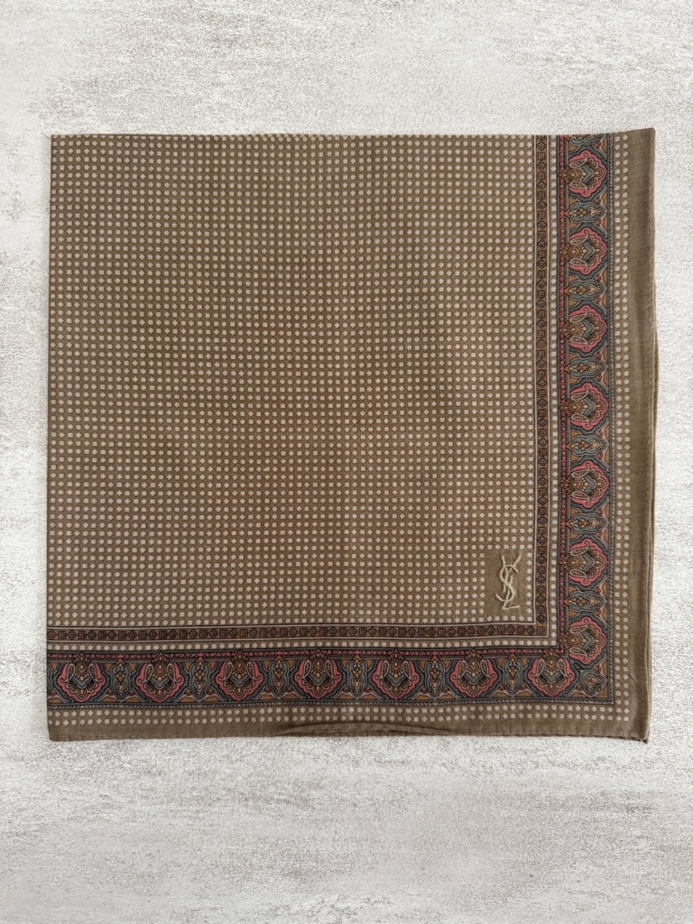 Yves Saint Laurent Brown Paisley-Trim cotton Square Scarf